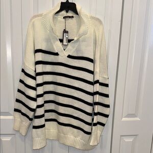 Boohoo Cream Textured Knit Sweater with Black Label